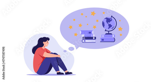 Woman Dreaming of Education Books, Globe, and Stars in Thought Bubble