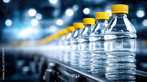 Bottled water lined up on conveyor belt showcases modern technology in quantum computing and production efficiency