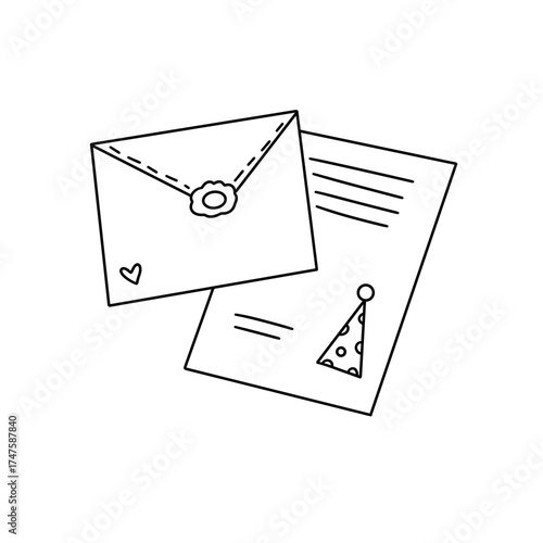 A white envelope with a heart on it sits on top of a piece of paper with a birth