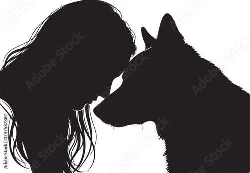 Silhouette of a woman and a dog touching noses isolated on white background