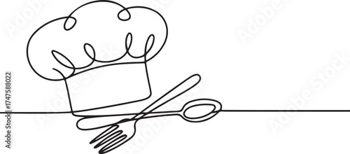 A minimalist, single-line drawing in stark black and white depicts a chef's hat with a spoon and fork, signifying the art of cooking