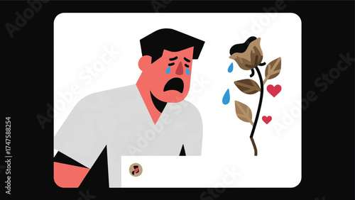 Illustration Of Person Having A Meltdown Over A Low Engagement Post, Represented By Their Tears Turning Into Dried-Up, Wilting Heart Icons Vector Design Template