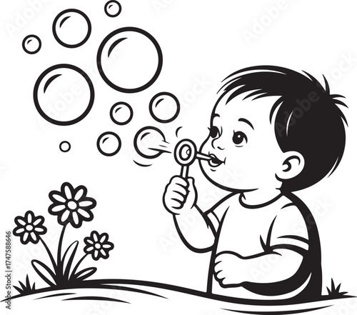 Joyful toddler blowing bubbles outdoors in a simple, minimalist black and white line art illustration, perfect for children's books