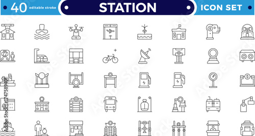 Modern train and subway station Outline icon set with travel, rail, signal, map, and schedule symbols. Perfect for transport, metro, urban commuting, journey planning. Editable stroke outline icon. 