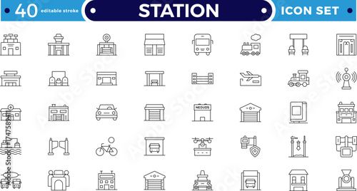 Modern train and subway station Outline icon set with travel, rail, signal, map, and schedule symbols. Perfect for transport, metro, urban commuting, journey planning. Editable stroke outline icon. 