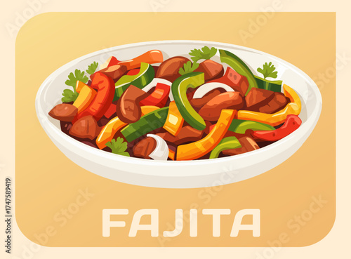 Fajita Icon Vector Illustration Isolated on Beige Background. Thin strips of meat and colorful bell peppers on a plate, popular Mexican dish. The flat design style makes this icon a versatile choice