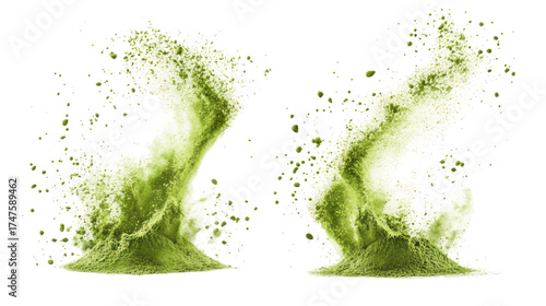 Two sets of green tea powder splash overhead side by side on transparent background