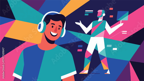Illustration Of An Individual Wearing A Headset And Smiling, With Their Digital Avatar Appearing As A Full-Body Projection Beside Them Vector Design Template