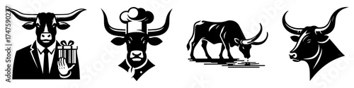 Bulls Chef Business Suit Horns Cattle Black and White Illustrations.