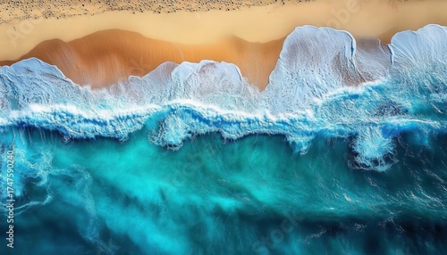 Aerial view of turquoise ocean waves crashing onto a sandy beach creating white sea foam with textured wet sand at the shoreline