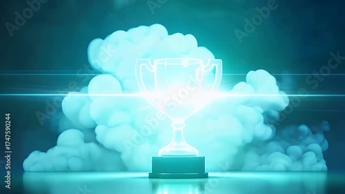 Minimalist glowing geometric trophy made of light particles, symbolizing gaming and sports victory, futuristic celebration without brand or text.