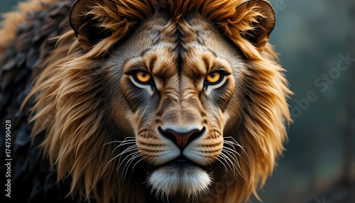 Closeup of a lions face with intense eyes and a majestic mane