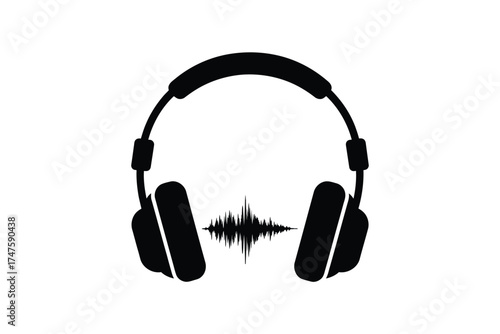 Black silhouette of headphones with audio waveform sound music