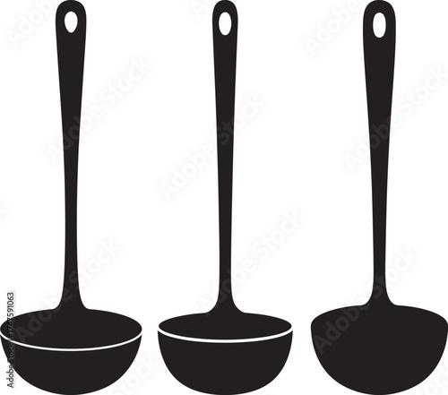 Three black kitchen ladles with long handles arranged side by side silhouette