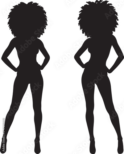Two stylish women with voluminous afro hairstyles striking confident poses in a black silhouette