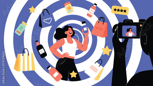 illustration of An influencer dramatically posing for a camera (off-screen), surrounded by a vortex of floating shopping bags, product bottles, and review stars.eps