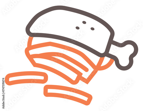 Boiled chicken thigh icon vector illustration with shredded meat pieces. Perfect for food menu, BBQ buffet, or restaurant design.