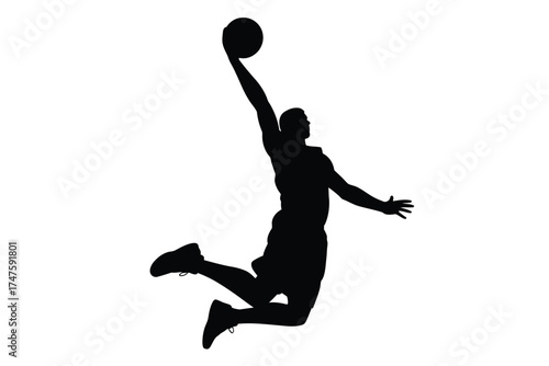 Black silhouette of male basketball player in mid air dunk vector