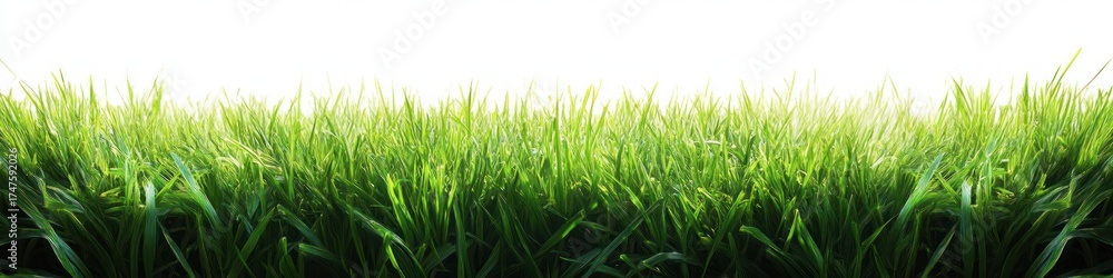 Fototapeta premium Dense vibrant green grass with morning light creating fresh and lively atmosphere against white background