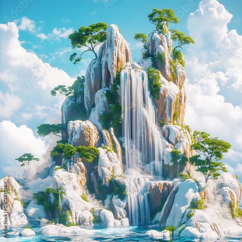 A breathtaking view of a majestic mountain with cascading waterfalls and lush greenery, creating a serene and idyllic landscape