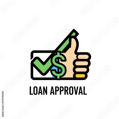 A colorful graphic icon representing loan approval, featuring a thumbs-up, checkmark, and dollar sign, perfect for financial services and business presentations.