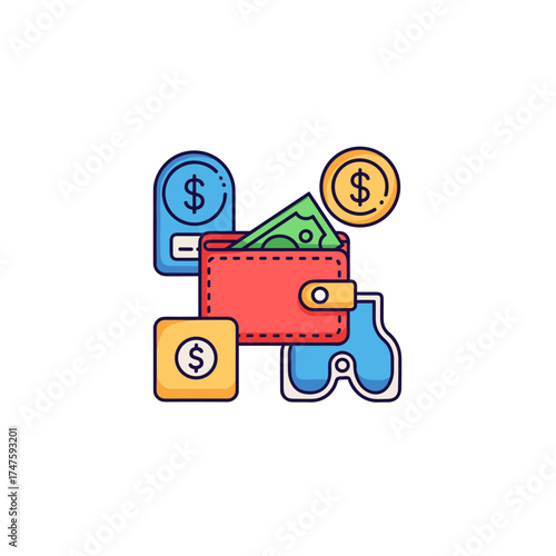 A vibrant illustration depicts a red wallet filled with cash, surrounded by various payment methods and dollar signs, representing financial concepts and digital transactions.