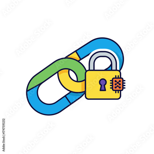 A colorful illustration depicts a secure blockchain concept, showcasing a padlock securing a chain link, symbolizing data protection and digital security in the modern technological landscape.