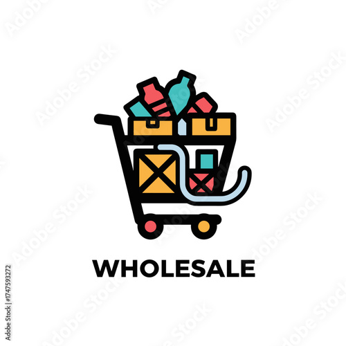 A colorful illustration depicts a wholesale shopping cart overflowing with packaged goods, representing bulk purchases and retail commerce, ideal for business or marketing materials.