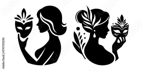 Elegant Silhouette Art Depicting Women Holding Masks.