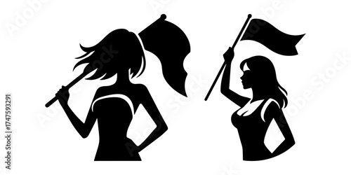 Silhouettes of Women Waving Flags in Protest or Celebration.
