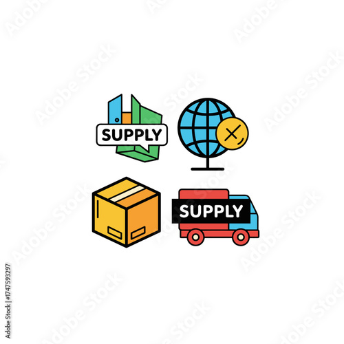 A collection of colorful, flat design icons representing global supply chain elements, including a box, truck, building, and globe with an 'X' mark, isolated on a white background.