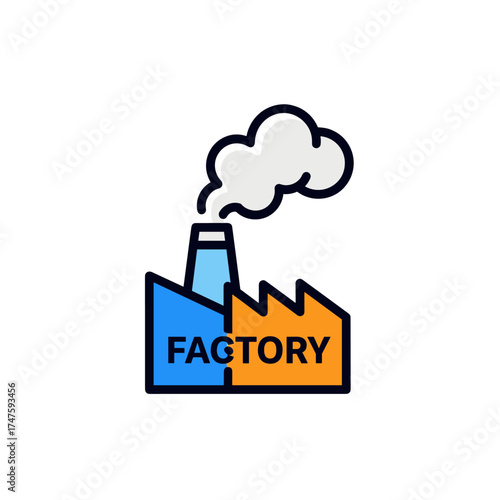 A colorful, vector illustration depicts a factory building with a chimney emitting smoke, perfect for representing industrial concepts and environmental themes.