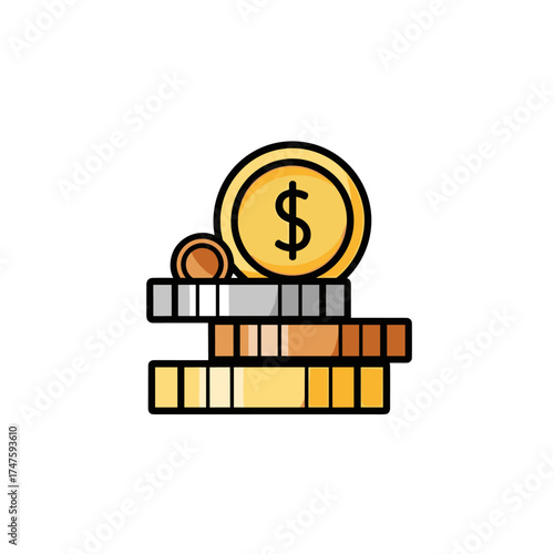 An illustrated stack of coins with varying colors and sizes, including a large gold coin with a dollar sign, representing financial concepts and wealth.