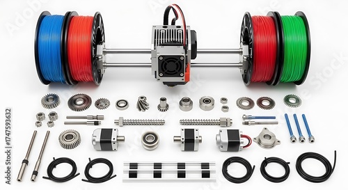 3D Printing Components A Detailed Arrangement of Filament Spools and Mechanical Parts for Assembly