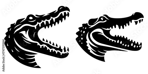 Two Alligator Heads Open Mouths Black Silhouette Vector Illustration.
