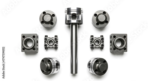 Isolated Engine Parts A Detailed Arrangement of Pistons and Components on White Background