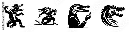 Alligator Illustrations: Diverse Poses and Styles in Black and White.