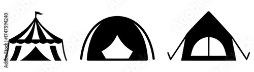 different styles of tents illustrated in black and white