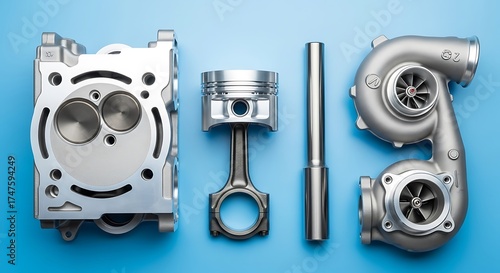 Collection of Car Engine Parts Arranged on a Blue Background