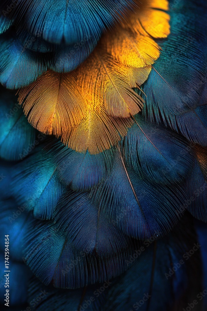 Obraz premium Close-up of vibrant blue and yellow feathers layered together creating a rich texture with natural iridescence conveying beauty and delicacy