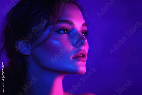 Portrait of a young woman with glowing blue and purple neon lighting, gazing thoughtfully into the distance, showcasing smooth skin and delicate features