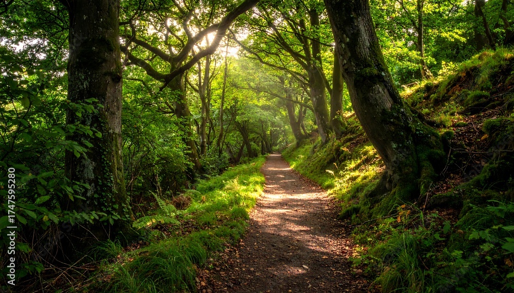 Obraz premium Pathway through a sun-dappled forest with lush foliage