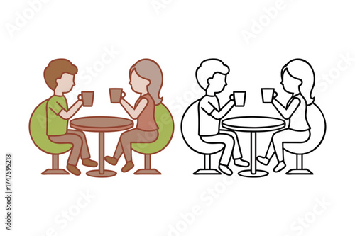 Couple Drinking Coffee Cafe Date Outline Design Vector Illustration