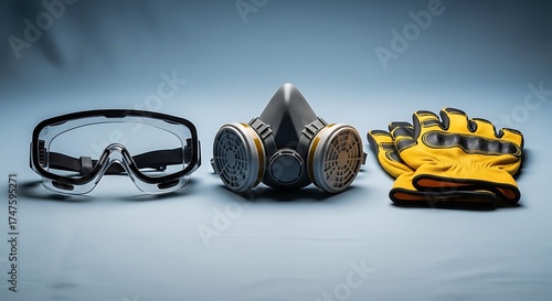 Essential personal protective equipment including safety goggles, a respirator mask, and work gloves for industrial workplace safety