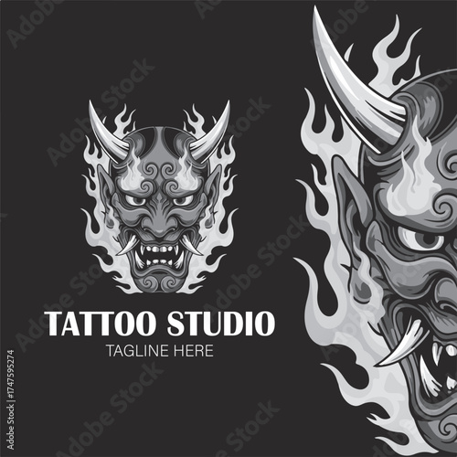 Japanese Oni Mask Tattoo Studio Logo Design on Dark Background