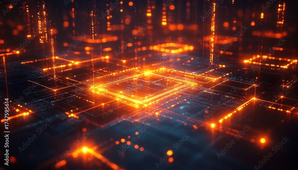 Fototapeta premium Glowing orange and yellow digital circuit board with bright light effects creating a futuristic and high-tech atmosphere