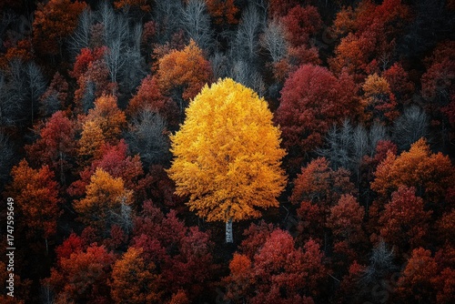 A single bright yellow tree stands out vividly amidst a dense forest of red and dark trees during autumn, creating a striking contrast and a feeling of uniqueness