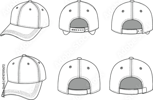 CAD Drawing Flat Vector Illustration, Baseball Cap Multiple Views, Snapback and Velcro Closures, Panel Construction, Fashion Template, Headwear Design Sketch