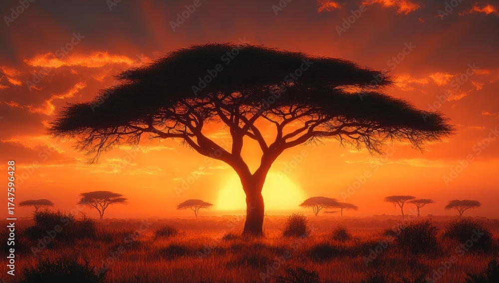 Fototapeta premium Silhouetted acacia trees on a grassy plain during a vivid orange sunset with dramatic clouds and warm glowing light