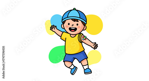 Happy cartoon boy with bandage on arm isolated on white background joyful vaccination concept